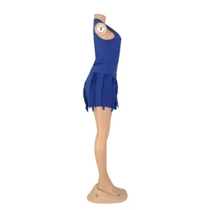 Detailed side view of blue fringe two-piece summer set with tank top and shorts