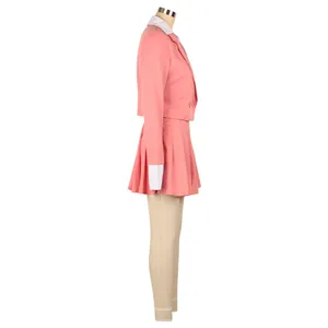 Side view of pink two-piece blazer and pleated skirt suit with white collar accents