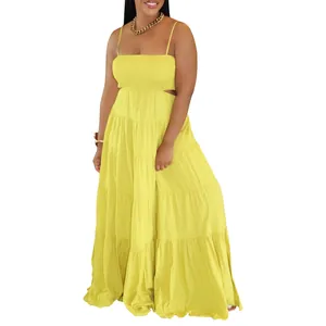 Stunning bohemian yellow sleeveless spaghetti strap tiered maxi dress for summer wear