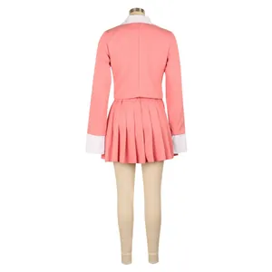 Back view of elegant pink blazer and pleated mini skirt set with white contrast cuffs