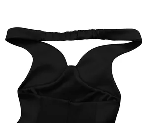 Detailed view of black V-neck cocktail party dress with elastic halter neckline strap