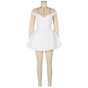 Detail shot of white off-the-shoulder flared mini dress on a display mannequin