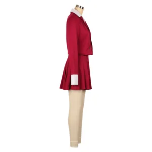 Professional side view of women's red 2-piece blazer and pleated skirt set for office wear