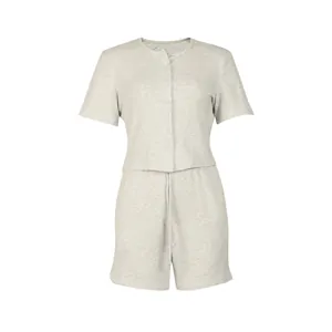 Completo due pezzi grigio a coste con top a maniche corte bottoni e pantaloncini coulisse