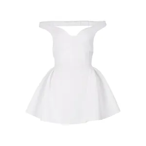 Elegant white off-the-shoulder mini dress with deep V-neck and stylish flared skirt