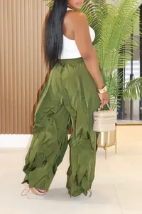Back view of women's olive green pleated wide-leg trousers with ruched texture