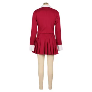 Back view of women's red two-piece suit with blazer and pleated mini skirt