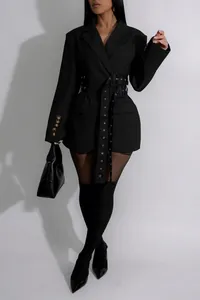 Elegant black belted blazer with side tie waist and long sleeves for women's fall style