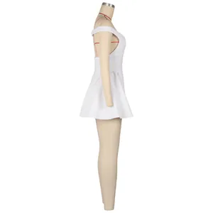 Side view of a white V-neck mini flare dress on a mannequin for party and club wear