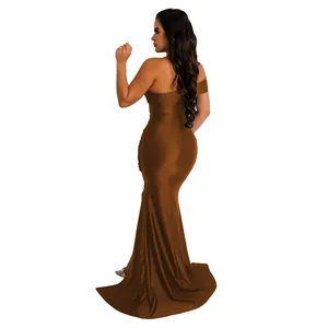 Back view of a sleek brown off-the-shoulder floor-length evening gown on a model