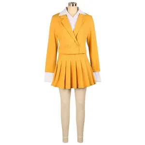 Elegant yellow two-piece women suit featuring cropped blazer and pleated mini skirt