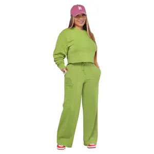 Detail view of the women's green two-piece long-sleeve casual sweatshirt and pants set.