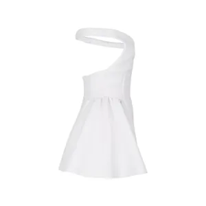 Detailed view of the structured white one-shoulder flared silhouette of the mini dress.