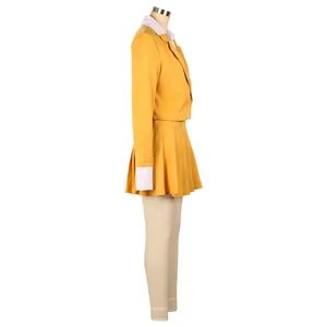 Side view detail of yellow blazer and pleated skirt set with white lapels for office wear