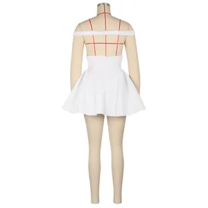 Back view of white off-the-shoulder mini dress with flared puffy skirt for party.