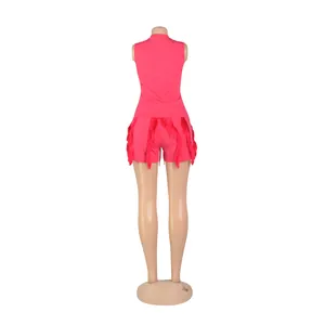 Back view detail of pink sleeveless vest and fringe trimmed shorts set for women