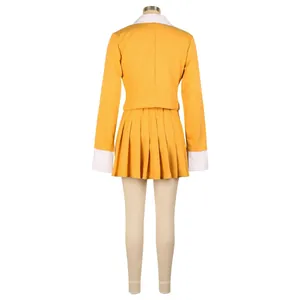Rear view of elegant yellow women's blazer and pleated mini skirt set with white cuffs