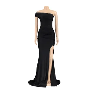 Elegant black off-the-shoulder evening gown featuring a sexy high side slit detail