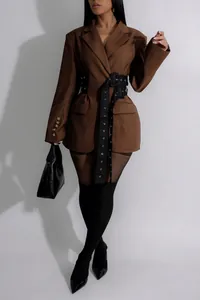 Stylish women's brown blazer featuring a buckled black waist belt for a structured look.
