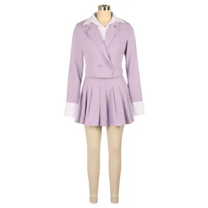 Lavender two-piece suit set featuring a cropped blazer and pleated mini skirt.