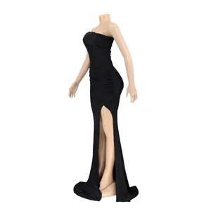 Side view of an elegant black off-the-shoulder evening maxi dress with a thigh-high slit.