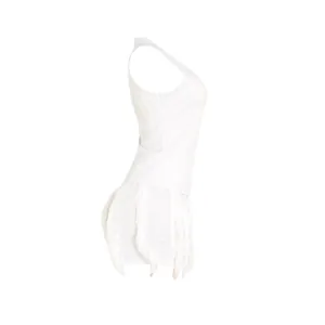 Detailed side view of white sleeveless tank top and fringe tassel shorts summer set