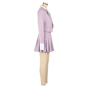 Side view of a lavender cropped blazer and pleated skirt set for professional office wear.