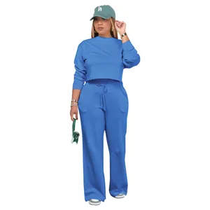 Women's royal blue two-piece cropped sweatshirt and wide-leg jogger set detail view