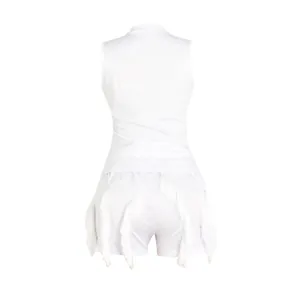 Back view of white sleeveless vest and fringe shorts set showing material and detail