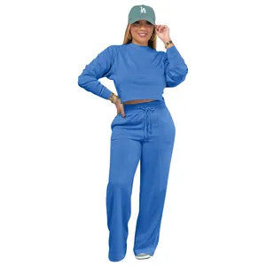 Casual two-piece blue women's sweatshirt set with long sleeve cropped top and wide-leg pants