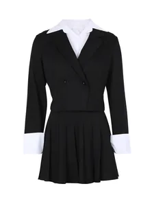 Professional black short blazer and pleated skirt two-piece suit with white contrast collar