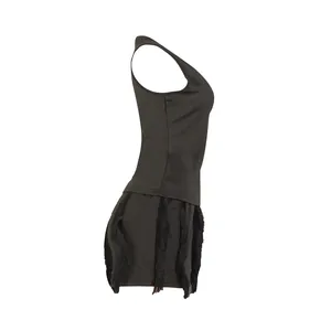 Side view of black fringe trim two-piece set featuring sleeveless tank top and shorts