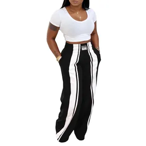 Pantalon femme décontracté à taille haute et jambe large avec rayures noires et blanches