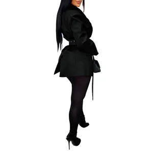 Stylish women's black tailored blazer with side-tie waist belt and long sleeves.