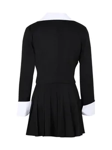 Back view of professional women's two-piece office suit with black blazer and pleated skirt