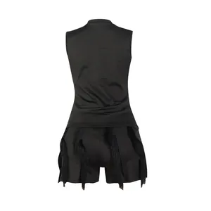 Back view of black sleeveless top and fringed shorts two-piece summer outfit set
