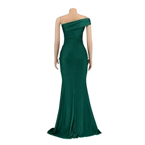 Back view of an elegant dark green off-the-shoulder mermaid style evening maxi dress
