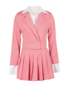 Pink two-piece set featuring cropped blazer with white collar and pleated skirt