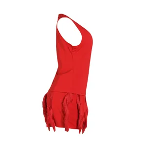 Two-piece summer set in vibrant red featuring stylish fringe tassels on shorts.