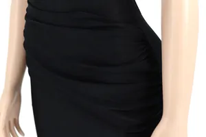 Detailed macro view showing the elegant ruched fabric on a sexy black off-shoulder dress