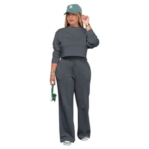 Women's thick two-piece long sleeve sweatshirt and wide leg pants set in charcoal gray