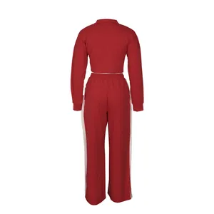 Back view of a red cotton two-piece sports set with cropped top and wide-leg pants