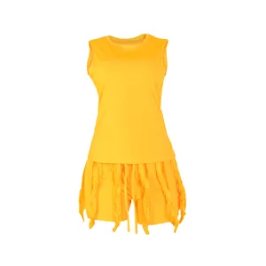 Vibrant yellow two-piece summer set featuring a sleeveless tank top and fringe detail shorts.