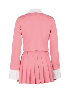 Detailed back view of pink cropped blazer and pleated mini skirt set for office wear.