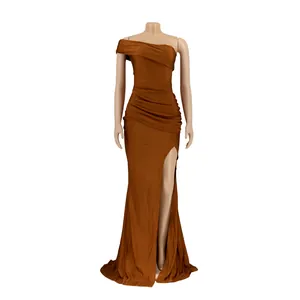 Elegant brown one-shoulder formal evening dress featuring a sexy side slit detail on mannequin