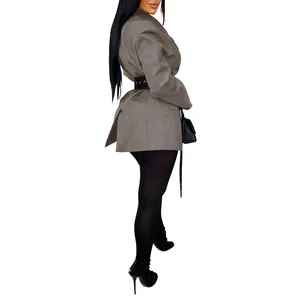 Side profile of a women's cinched waist long-sleeve blazer jacket with a belt detail