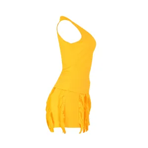 Detailed side profile of a vibrant yellow two-piece summer set with vest and tassel shorts