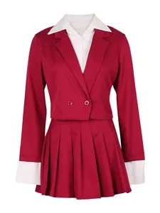 Professional front view detail of red blazer and pleated skirt set with contrast white collar