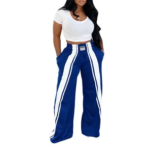 Pantalon large à rayures bleu et blanc pour femme avec taille élastique haute