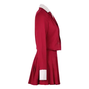 Side profile of a red two-piece office suit set with blazer and pleated skirt.